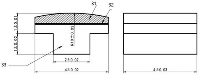 Cross-section of the T-shaped automotive horn contact: tungsten working layer (31), BAg72Cu brazing layer (32), and copper support (33). Cross-section of the T-shaped automotive horn contact: tungsten working layer (31), BAg72Cu brazing layer (32), and copper support (33).