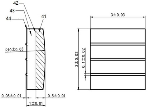 Cross-section of the contact with a secondary attachment layer: tungsten working layer (41), BAg72Cu brazing layer (42), copper support (43), and BAg15CuP attachment layer (44). Cross-section of the contact with a secondary attachment layer: tungsten working layer (41), BAg72Cu brazing layer (42), copper support (43), and BAg15CuP attachment layer (44).